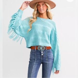 Willow&root  Light Aqua Fringe Sleeve Sweater Size S NWT
